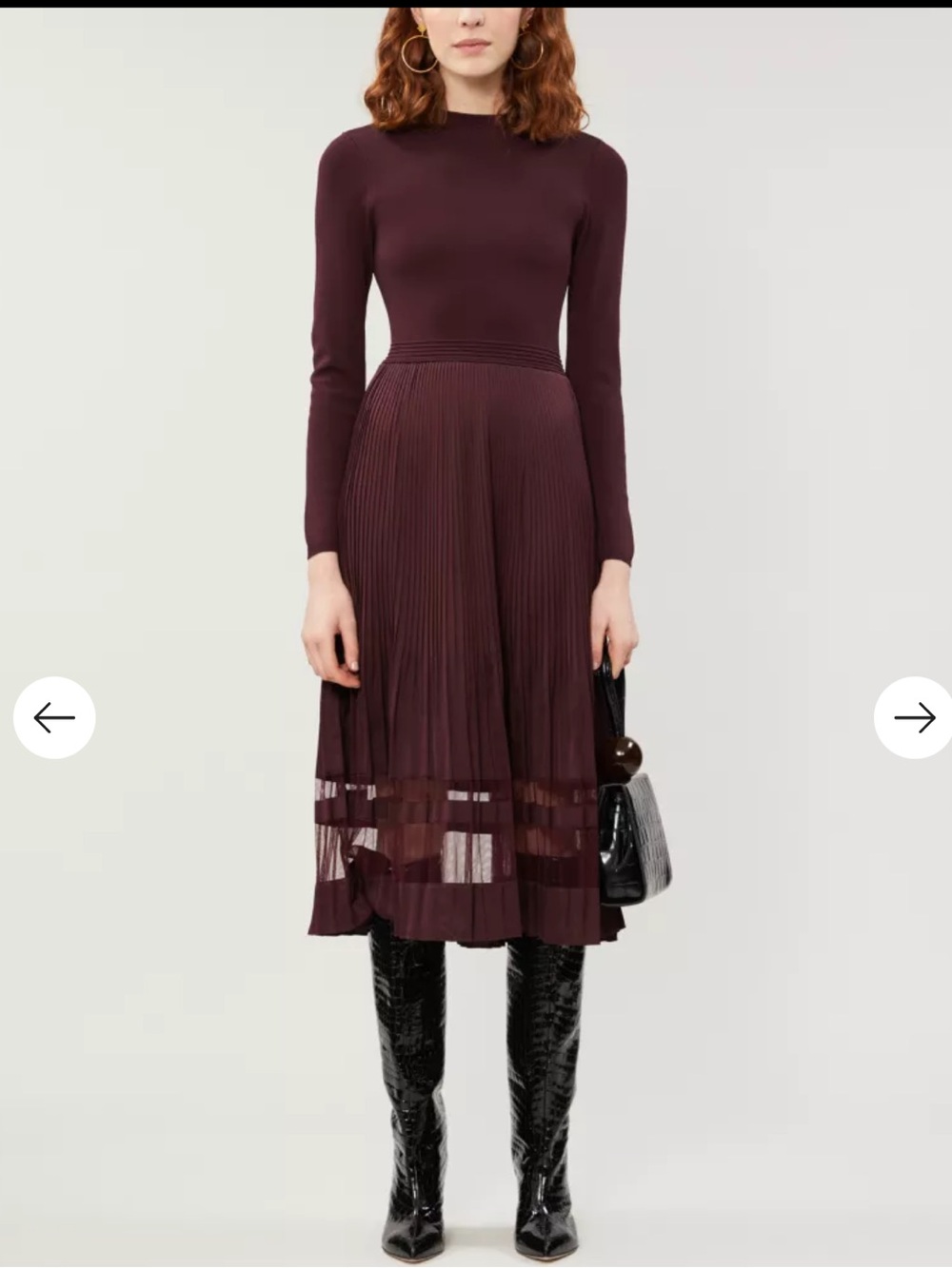 Ted Baker Scarlah Long-Sleeve Pleated Midi Dress in Burgundy Plum Size 3/8